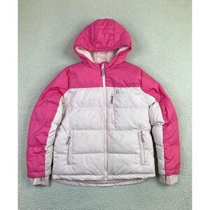 Eddie Bauer Jacket Kids Large 14-16 Pink White Hooded Down Puffer Winter Coat